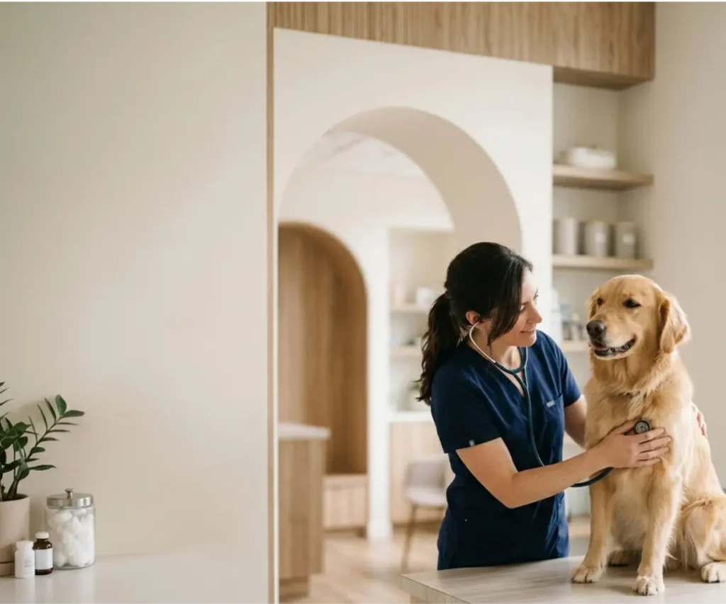 Veterinarian using a stethoscope to examine a golden retriever in a modern veterinary clinic