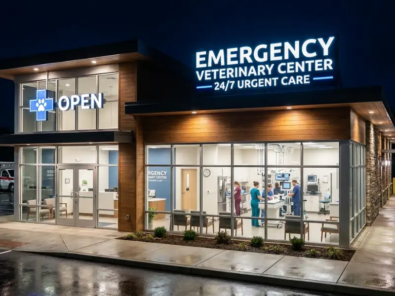 Emergency veterinary hospital at night with a veterinary team working in a brightly lit glass-front treatment room