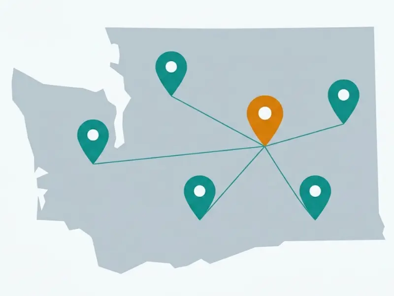 Map with connected location pins representing a multi-location veterinary group